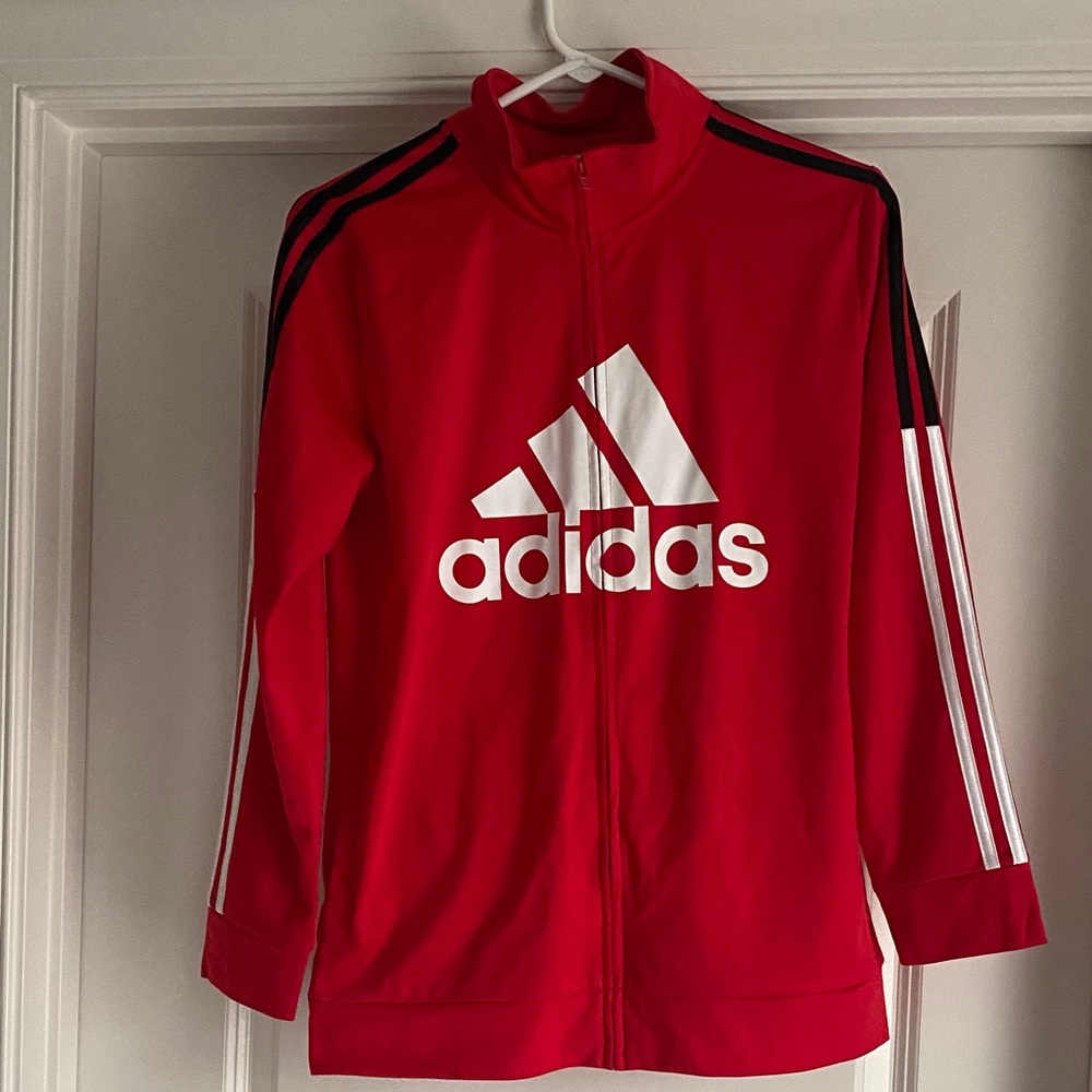 adidas Red Full-Zip Kids Track Jacket with White Logo with pockets